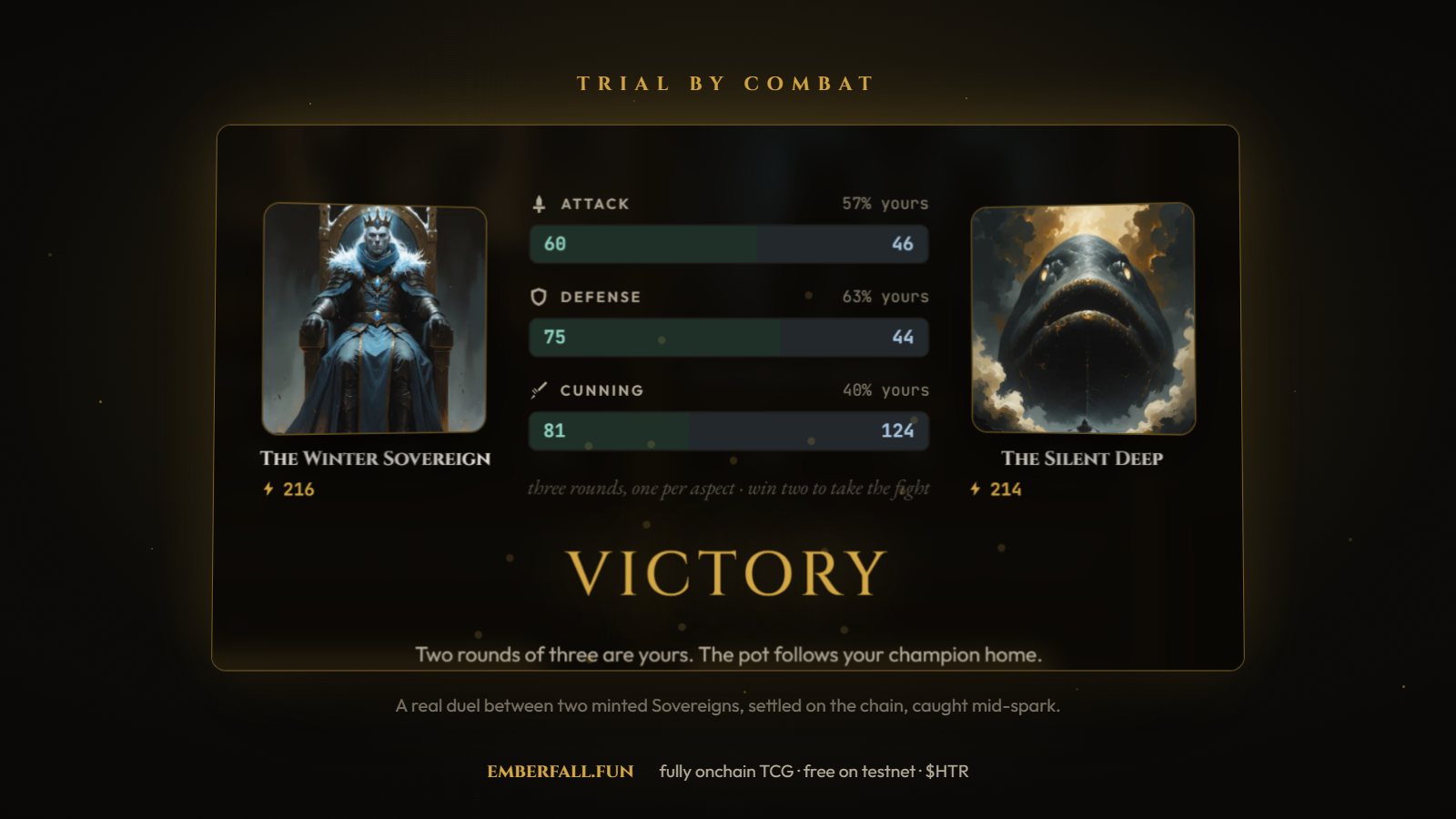 Emberfall gameplay: Trial by Combat, an onchain duel between two Sovereigns