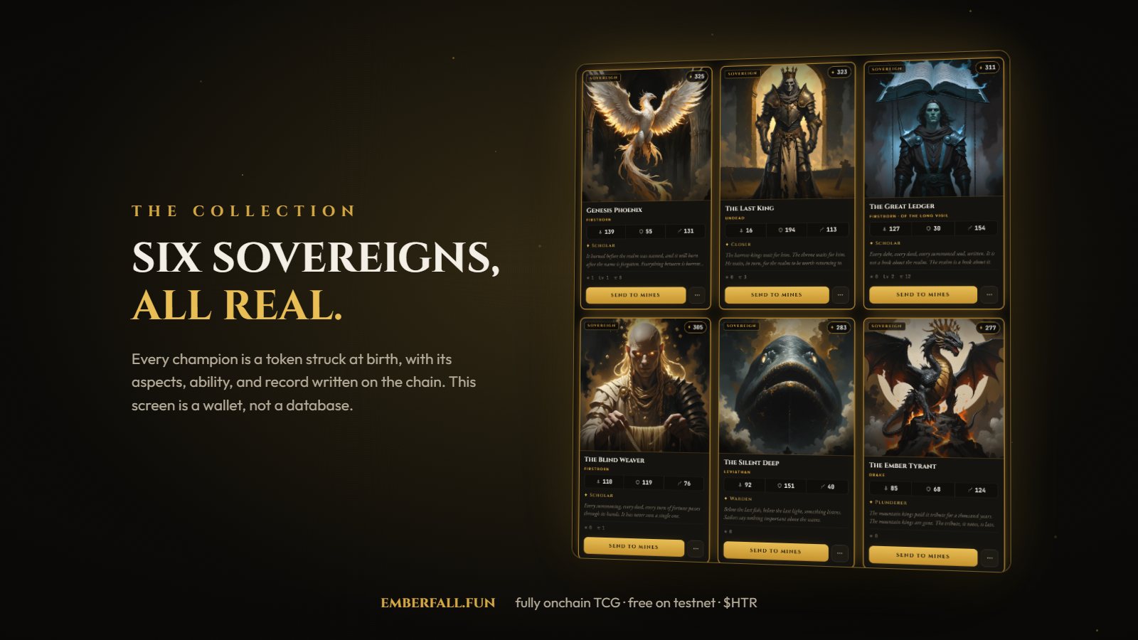 Emberfall gameplay: The Collection, six Sovereign cards minted onchain