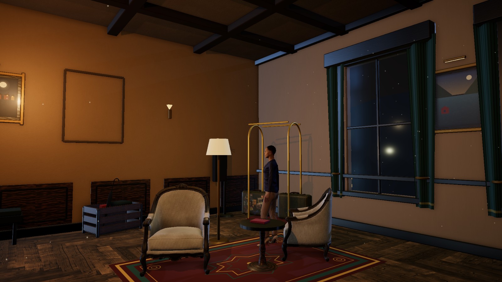 Vestibule gameplay: a guest room at Hotel Vestibule at night