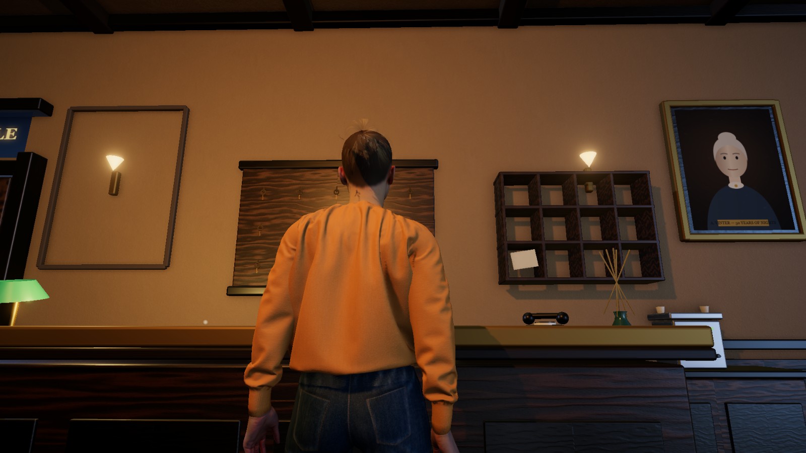 Vestibule gameplay: Maja behind the reception desk with the key board